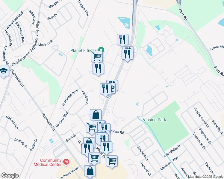 map of restaurants, bars, coffee shops, grocery stores, and more near 3618 East 10th Street in Jeffersonville