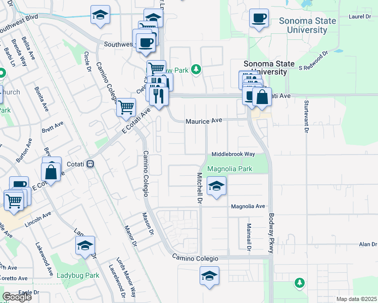 map of restaurants, bars, coffee shops, grocery stores, and more near 1352 Middlebrook Way in Rohnert Park