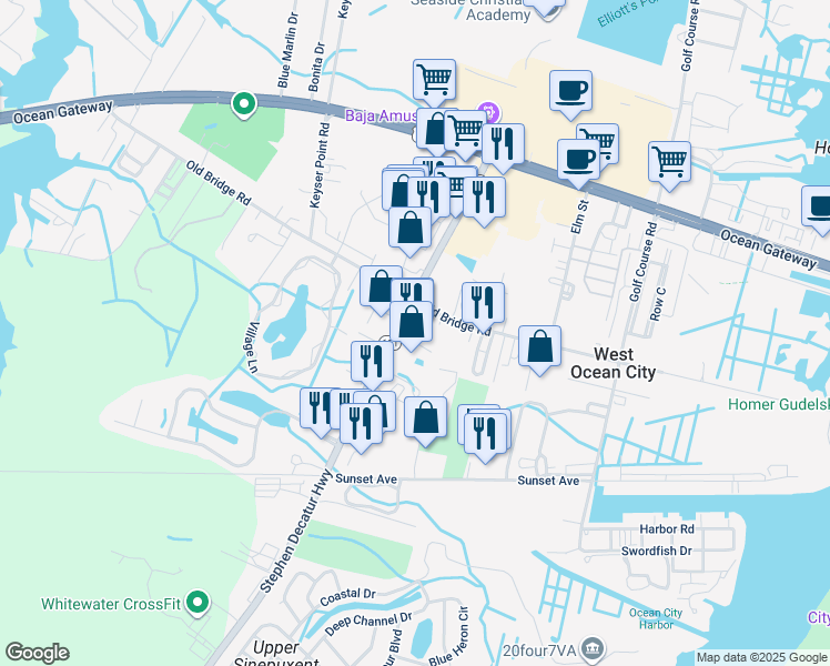 map of restaurants, bars, coffee shops, grocery stores, and more near 12622 Old Bridge Road in Ocean City
