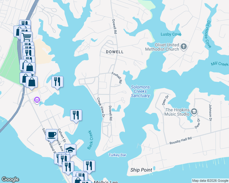 map of restaurants, bars, coffee shops, grocery stores, and more near 618 Ruxton Road in Solomons