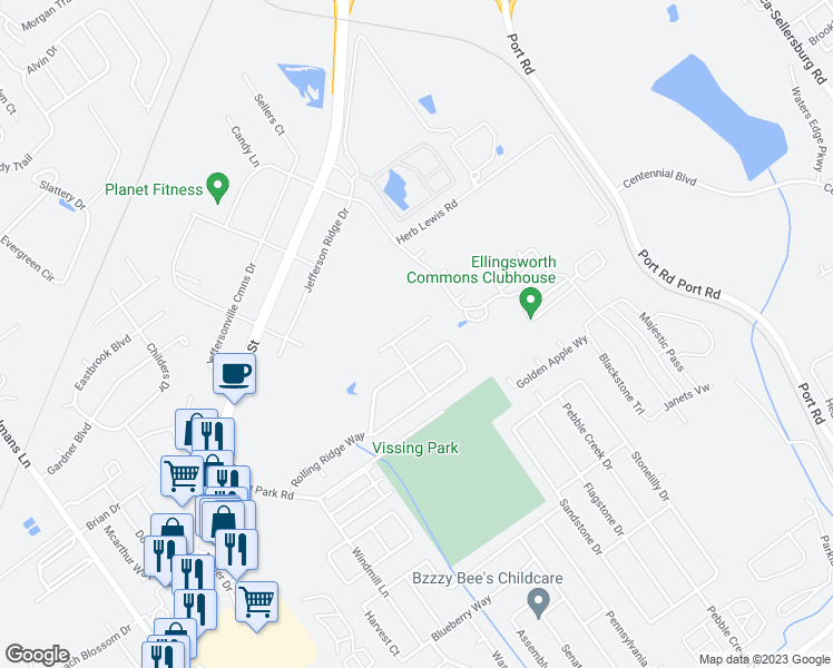 map of restaurants, bars, coffee shops, grocery stores, and more near 3808 Crown Ridge Lane in Jeffersonville