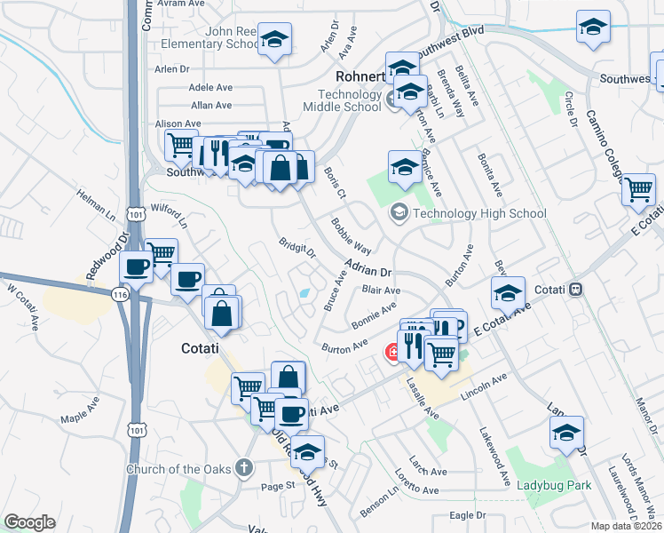 map of restaurants, bars, coffee shops, grocery stores, and more near 7580 Bridgit Drive in Rohnert Park