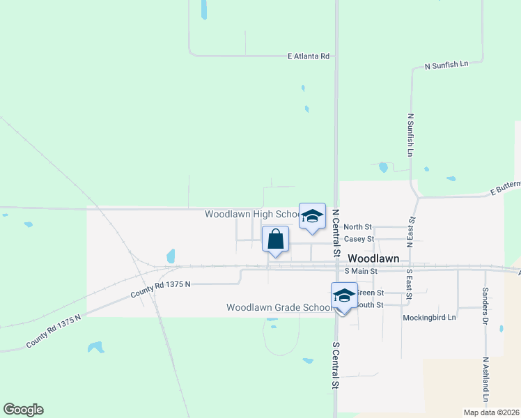 map of restaurants, bars, coffee shops, grocery stores, and more near County Road 1425 North in Woodlawn