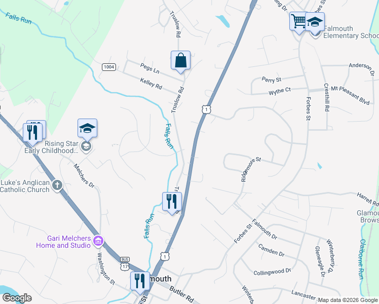 map of restaurants, bars, coffee shops, grocery stores, and more near 243 Cambridge Street in Fredericksburg