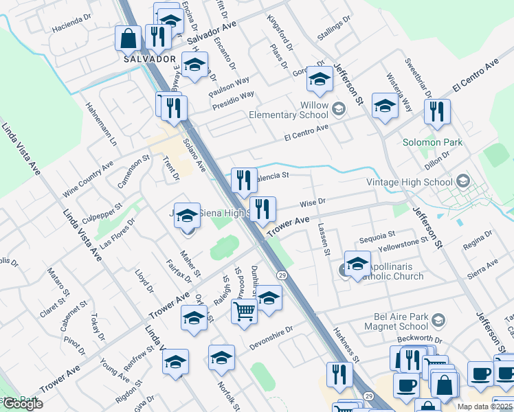 map of restaurants, bars, coffee shops, grocery stores, and more near 6 Wise Drive in Napa