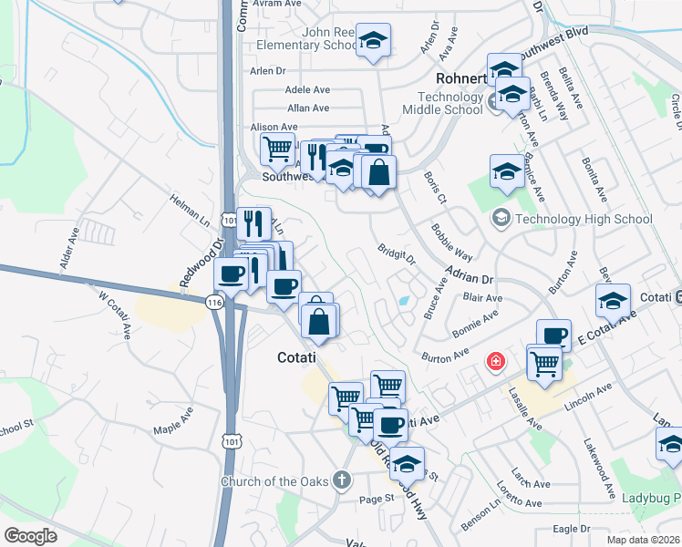 map of restaurants, bars, coffee shops, grocery stores, and more near 8733 Gravenstein Way in Cotati