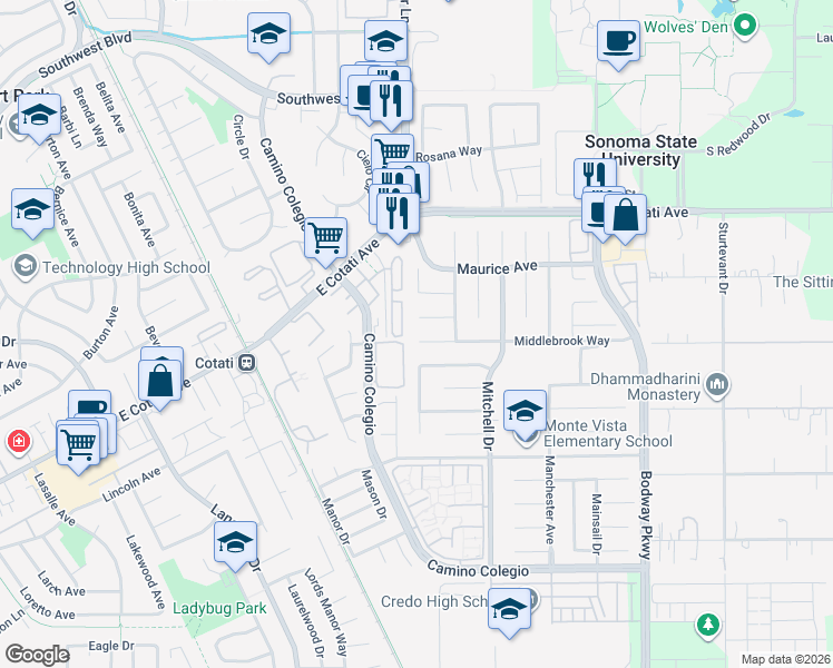map of restaurants, bars, coffee shops, grocery stores, and more near 1308 Middlebrook Way in Rohnert Park