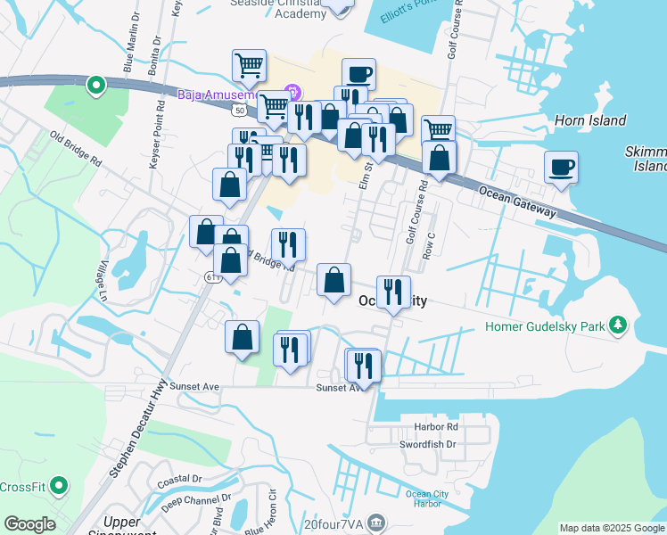 map of restaurants, bars, coffee shops, grocery stores, and more near 12727 Old Bridge Road in Ocean City