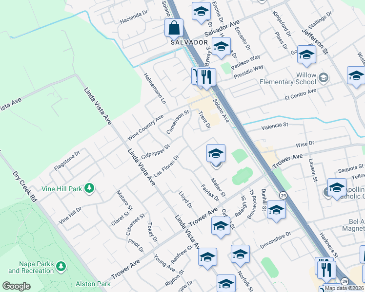 map of restaurants, bars, coffee shops, grocery stores, and more near 2222 Las Flores Drive in Napa