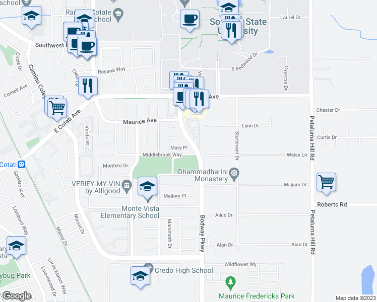 map of restaurants, bars, coffee shops, grocery stores, and more near 1537 Mary Place in Rohnert Park