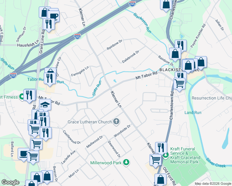 map of restaurants, bars, coffee shops, grocery stores, and more near 1834 Klerner Lane in New Albany