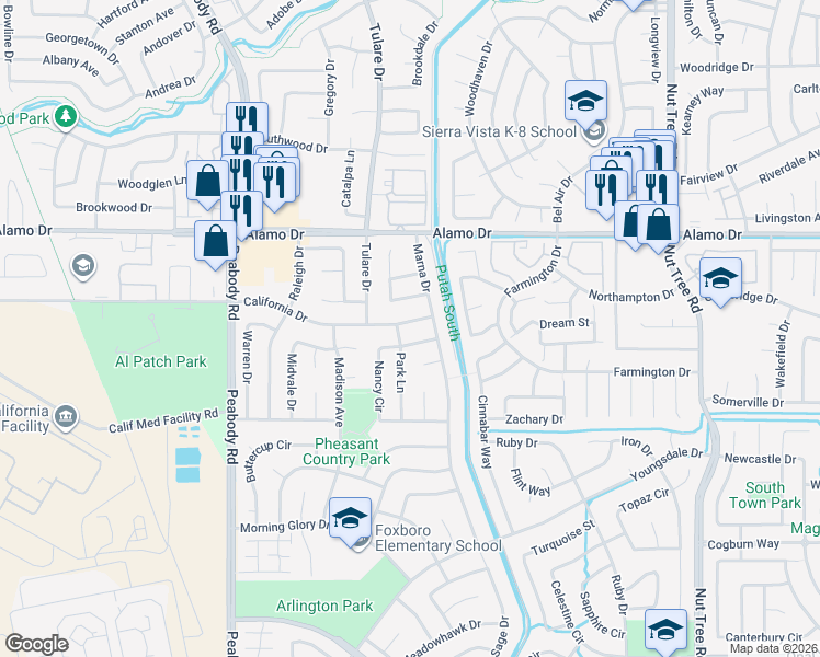 map of restaurants, bars, coffee shops, grocery stores, and more near 2162 California Drive in Vacaville