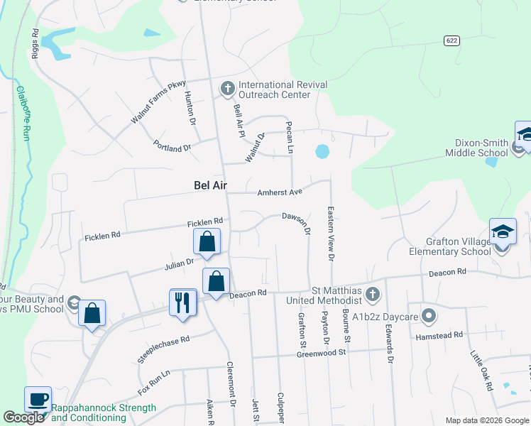 map of restaurants, bars, coffee shops, grocery stores, and more near 2 Seay Court in Fredericksburg