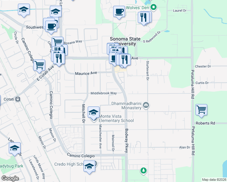 map of restaurants, bars, coffee shops, grocery stores, and more near 1533 Mary Place in Rohnert Park