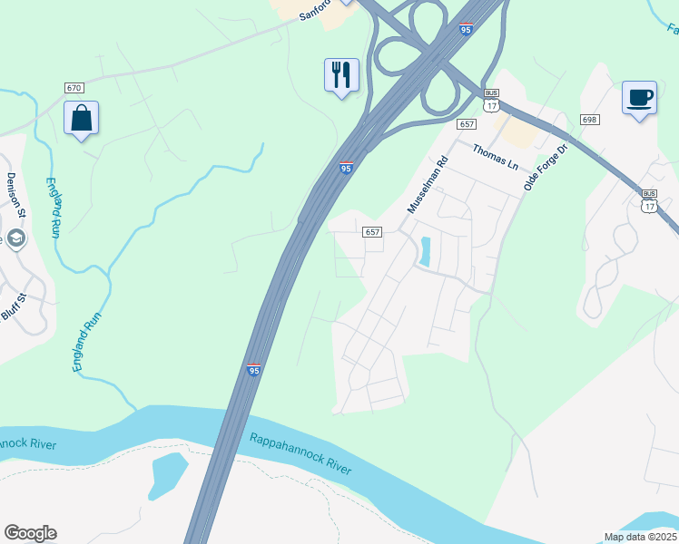 map of restaurants, bars, coffee shops, grocery stores, and more near 430 Snowberry Lane in Fredericksburg
