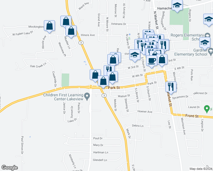map of restaurants, bars, coffee shops, grocery stores, and more near 503 Park Street in Waterloo