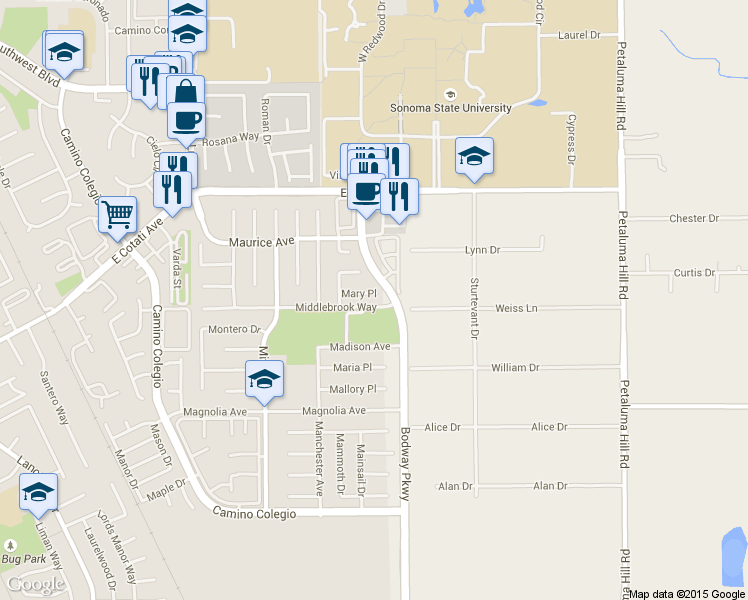map of restaurants, bars, coffee shops, grocery stores, and more near 1533 Mary Pl in Rohnert Park