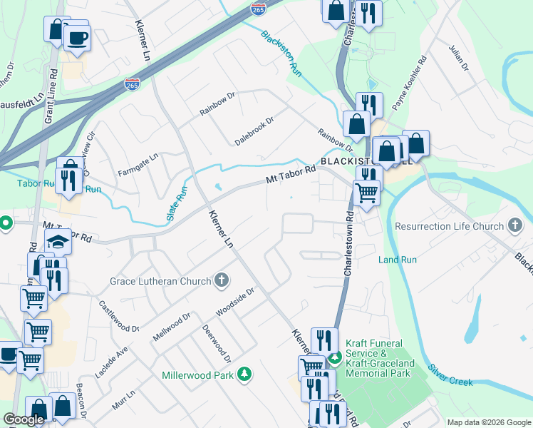 map of restaurants, bars, coffee shops, grocery stores, and more near 111 Amy Court in New Albany