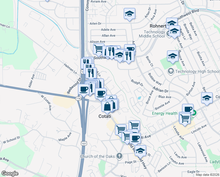 map of restaurants, bars, coffee shops, grocery stores, and more near 198 Wilford Lane in Cotati