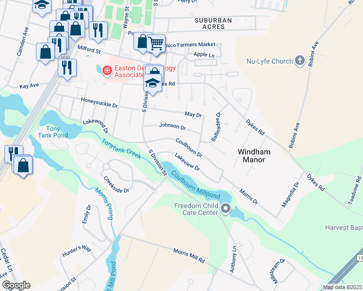 map of restaurants, bars, coffee shops, grocery stores, and more near 116 Coulbourn Drive in Salisbury