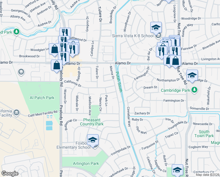 map of restaurants, bars, coffee shops, grocery stores, and more near 2162 California Drive in Vacaville