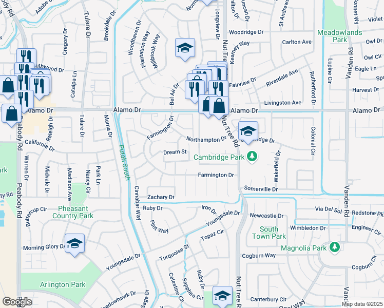 map of restaurants, bars, coffee shops, grocery stores, and more near 107 Heritage Lane in Vacaville