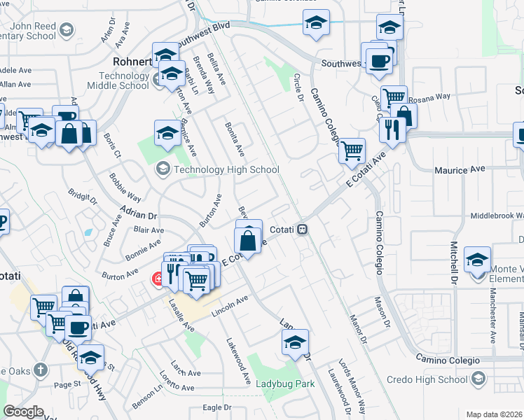 map of restaurants, bars, coffee shops, grocery stores, and more near 8073 Santa Barbara Dr in Rohnert Park