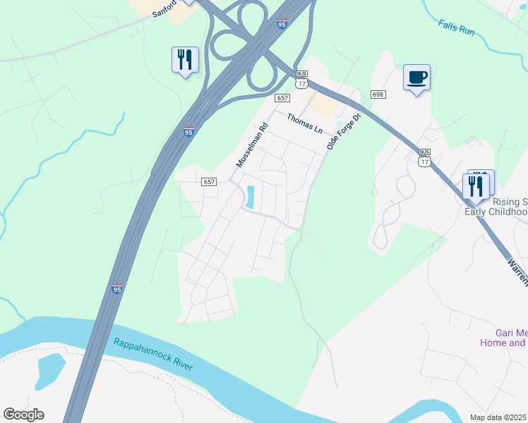 map of restaurants, bars, coffee shops, grocery stores, and more near 100 Spring Park Lane in Fredericksburg