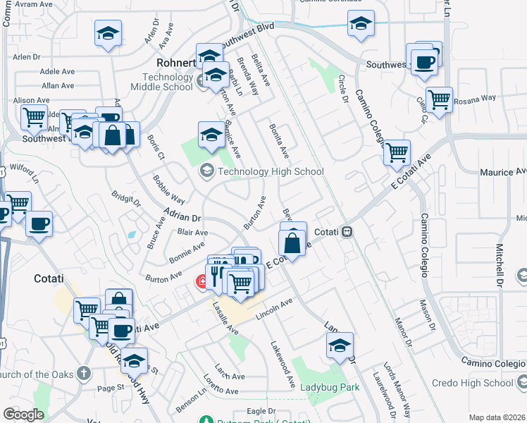 map of restaurants, bars, coffee shops, grocery stores, and more near 7865 Burton Avenue in Rohnert Park