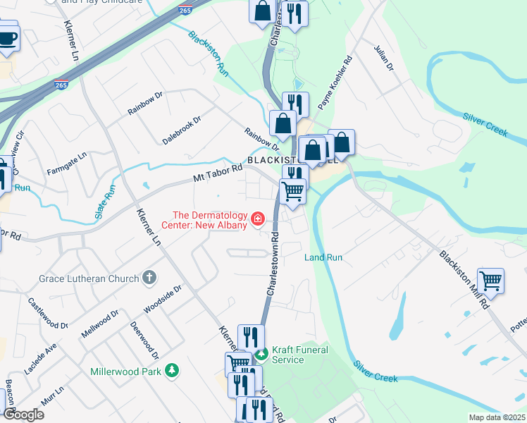 map of restaurants, bars, coffee shops, grocery stores, and more near 2867 Charlestown Road in New Albany