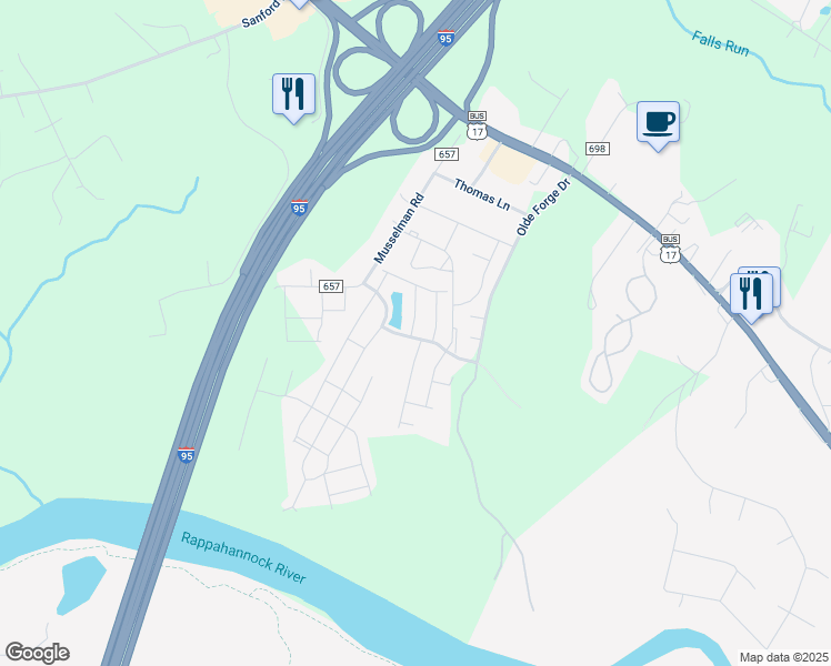 map of restaurants, bars, coffee shops, grocery stores, and more near 100 Spring Park Lane in Fredericksburg