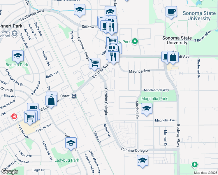 map of restaurants, bars, coffee shops, grocery stores, and more near 7535 Camino Colegio in Rohnert Park
