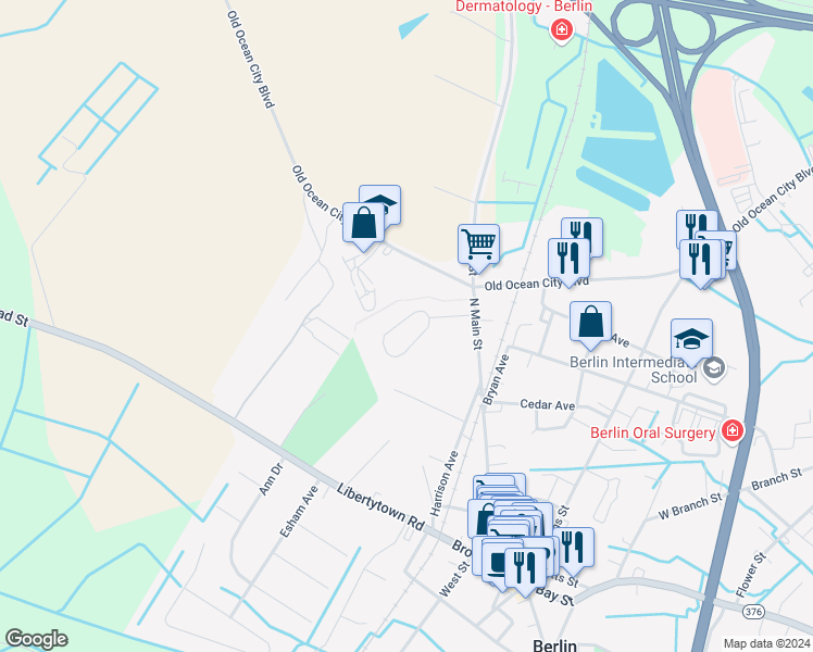 map of restaurants, bars, coffee shops, grocery stores, and more near 107 Austin Circle in Berlin