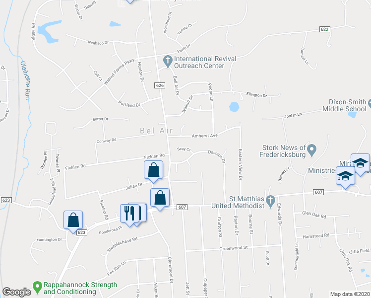 map of restaurants, bars, coffee shops, grocery stores, and more near 5 Seay Court in Fredericksburg