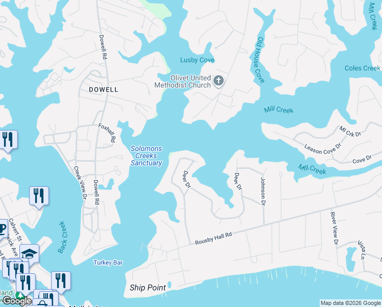map of restaurants, bars, coffee shops, grocery stores, and more near 301 Deer Drive in Lusby