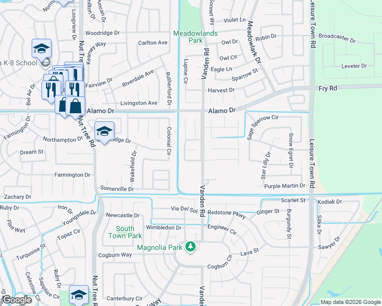 map of restaurants, bars, coffee shops, grocery stores, and more near 107 Liberty Court in Vacaville
