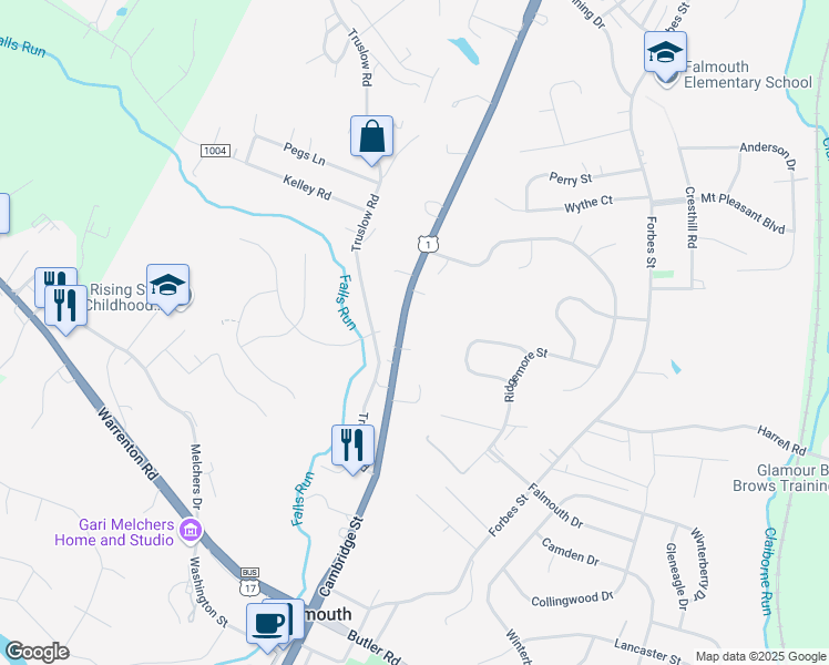 map of restaurants, bars, coffee shops, grocery stores, and more near 256 Cambridge Street in Fredericksburg
