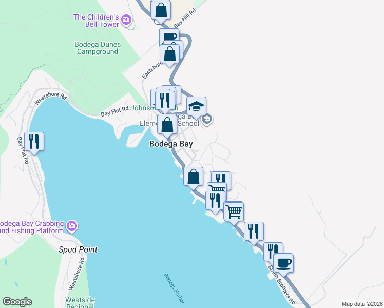 map of restaurants, bars, coffee shops, grocery stores, and more near 1130 Bodega Avenue in Bodega Bay