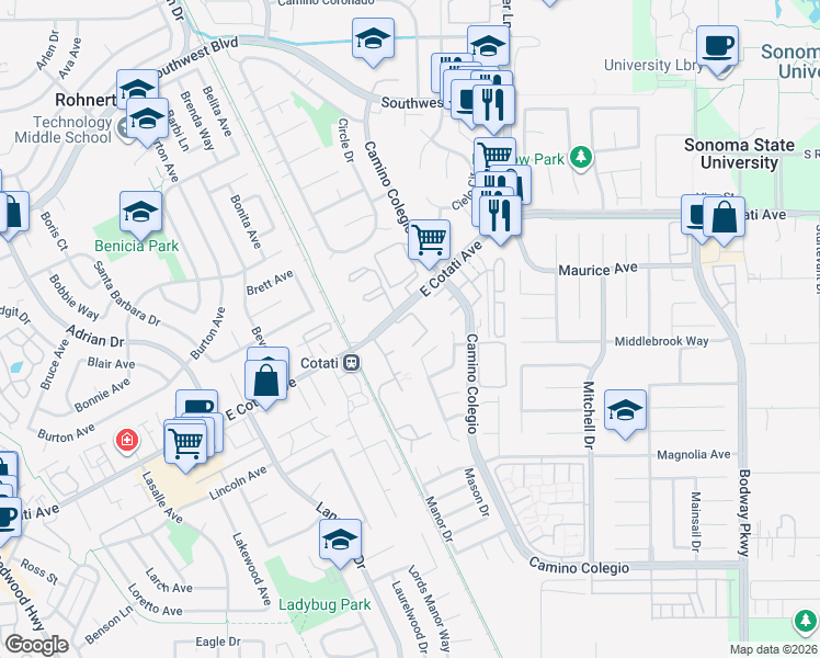 map of restaurants, bars, coffee shops, grocery stores, and more near in Rohnert Park