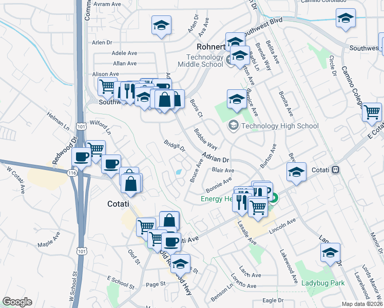 map of restaurants, bars, coffee shops, grocery stores, and more near 7577 Adrian Drive in Rohnert Park