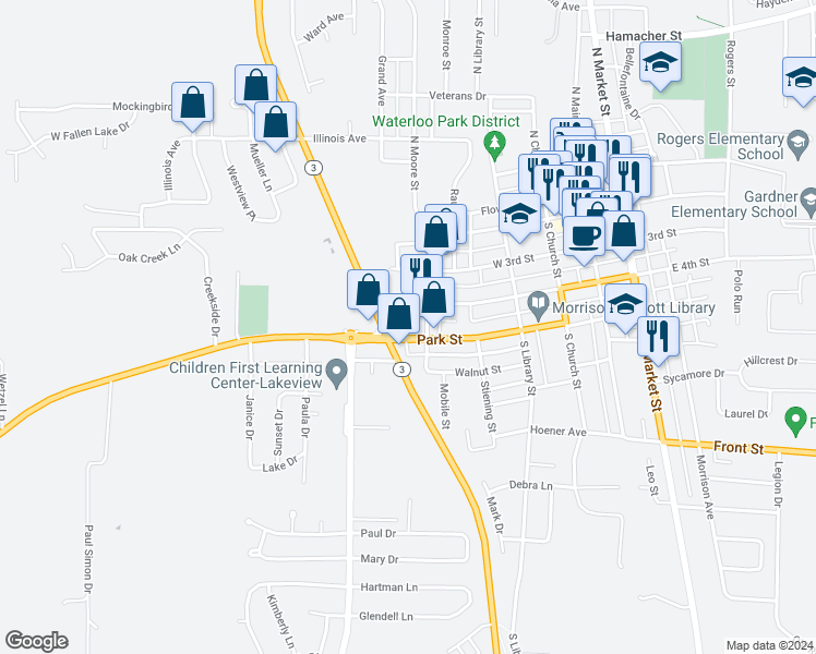 map of restaurants, bars, coffee shops, grocery stores, and more near 503 Park Street in Waterloo