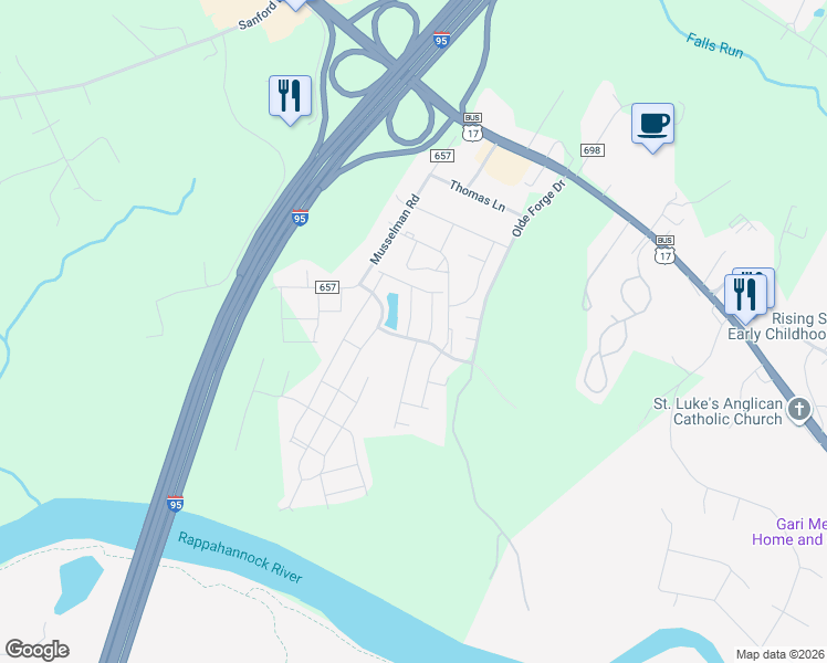 map of restaurants, bars, coffee shops, grocery stores, and more near 102 Spring Park Lane in Fredericksburg