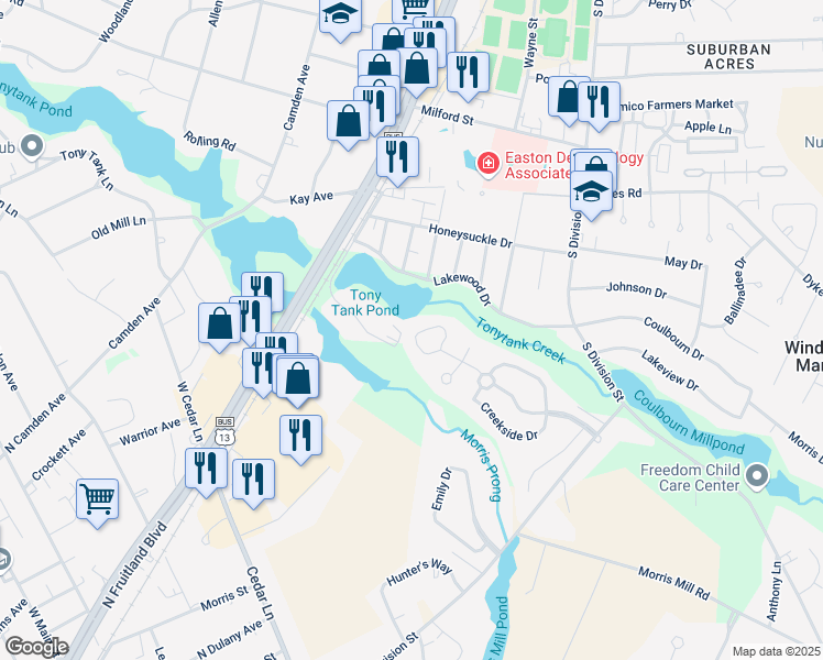 map of restaurants, bars, coffee shops, grocery stores, and more near 419 Parkwood Drive in Salisbury