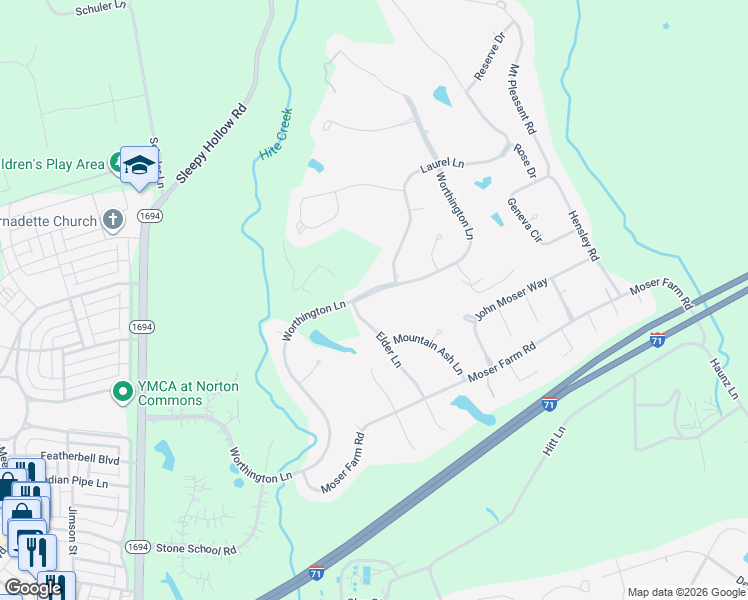 map of restaurants, bars, coffee shops, grocery stores, and more near 10612 Worthington Lane in Prospect