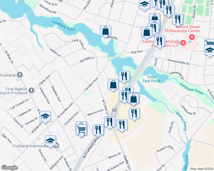 map of restaurants, bars, coffee shops, grocery stores, and more near 408 Yorkshire Court in Fruitland