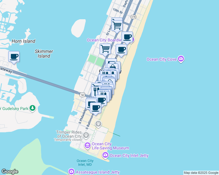 map of restaurants, bars, coffee shops, grocery stores, and more near 107 North Atlantic Avenue in Ocean City