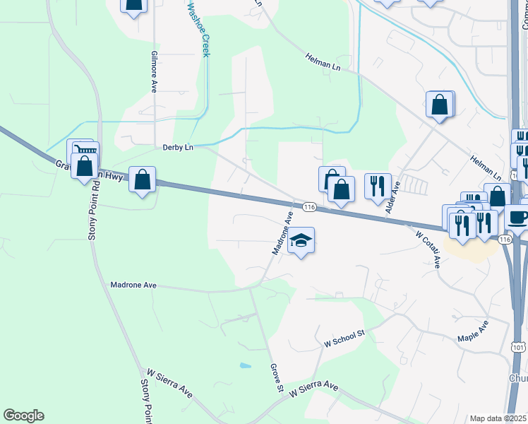 map of restaurants, bars, coffee shops, grocery stores, and more near 7736 Gravenstein Highway in Cotati