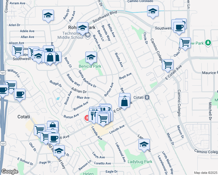 map of restaurants, bars, coffee shops, grocery stores, and more near 7865 Burton Avenue in Rohnert Park