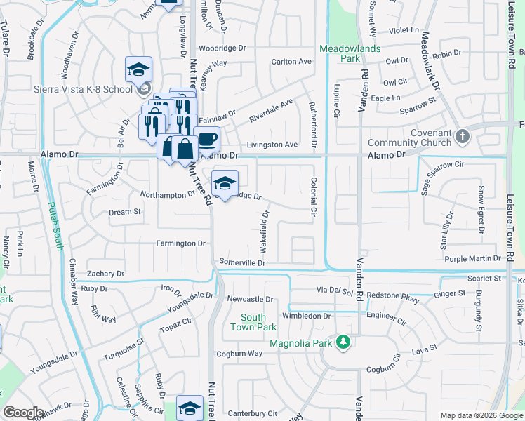 map of restaurants, bars, coffee shops, grocery stores, and more near 113 Wakefield Drive in Vacaville