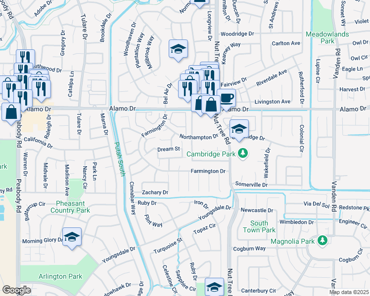 map of restaurants, bars, coffee shops, grocery stores, and more near 107 Heritage Lane in Vacaville
